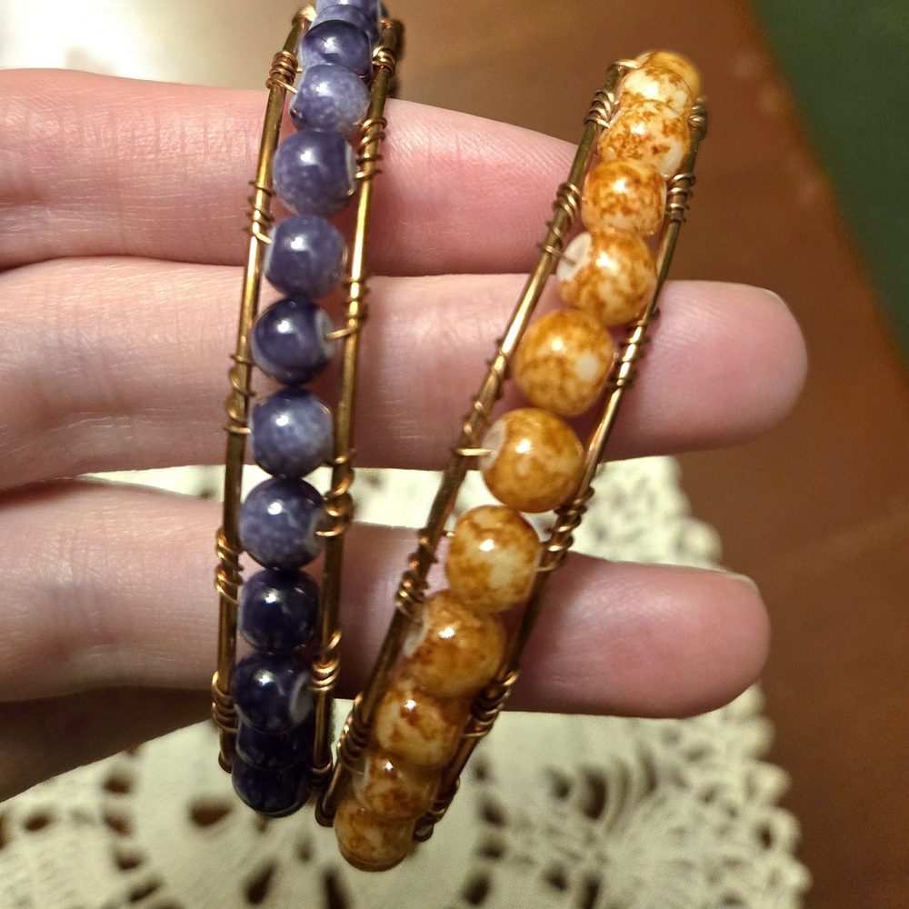 Handmade Beaded Wire-Wrap Bracelets in Purple and Orange